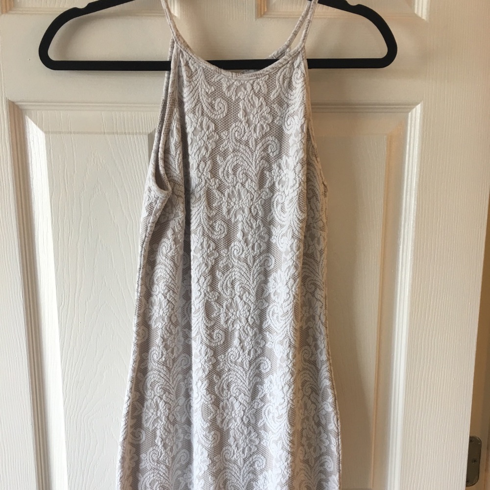HIGH NECK BEIGE LACE BODY CON DRESS